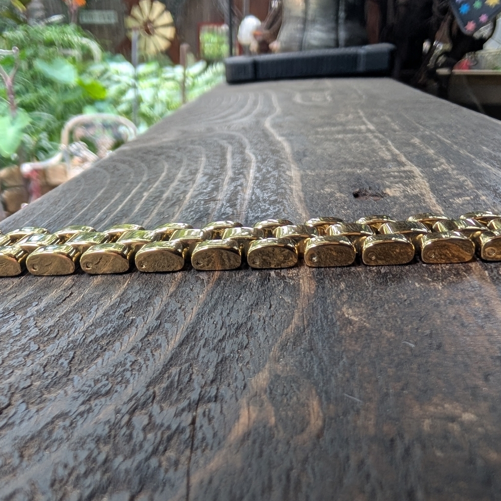 Michael Kors Long Square Link Chain Yellow Gold Tone Metal Thick 3D Leather - Picture 10 of 10